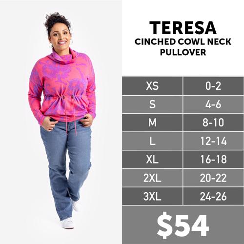 Teresa Cinched Cowl Neck Pullover Size Chart
